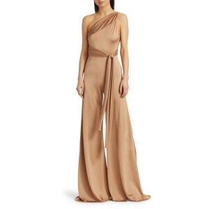 Alexis Parson One-Shoulder Wide-Leg Jumpsuit with Tie Waist Tan Size M